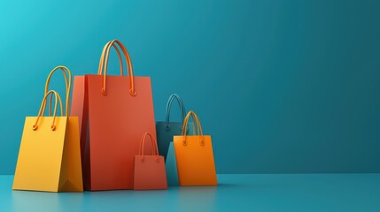 Colorful shopping bags create a vibrant display, evoking excitement and joy. The arrangement showcases various sizes and colors, enhancing the visual appeal. 