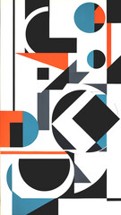 Abstract background with geometric patterns in blue, black, white and orange colors. Vertical.