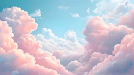 A serene sky with fluffy pink clouds, creating an ethereal and dreamy atmosphere