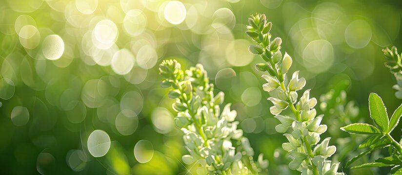 Selective focus on a green bokeh background highlights white sweetclover flowers Melilotus albus creating a serene copy space image