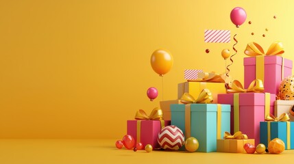 Colorful gift boxes and balloons create a festive atmosphere, evoking joy and celebration. 