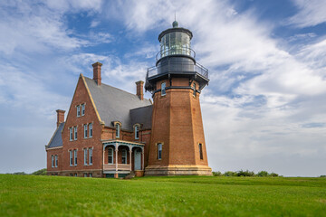 Summer photo of the Block Island RI Southeast lighthouse located on Mohegan Bluffs.  New Shoreham,...