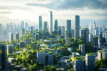 Obraz premium A futuristic smart city powered entirely by renewable energy sources, with green rooftops, electric vehicles, and AI-managed energy grids, representing a model of sustainable urban living