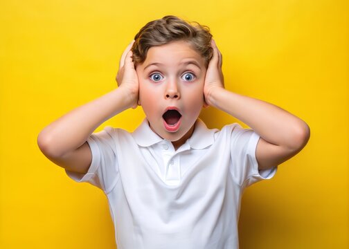 Stunned kid in white shirt covers ears, eyes wide with wonder, against a bright yellow background, expressing shock and amazement in a playful, isolated setting.
