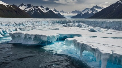 A dramatic image of a melting glacier with water streaming off, highlighting the effects of global warming and climate change.