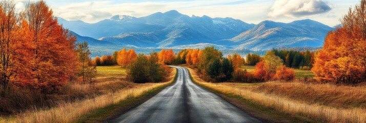 Obraz premium Scenic Autumn Road Leading Through Mountains - A winding road through a valley with vibrant autumn foliage and majestic mountains in the background, symbolizing journey, change, nature, beauty, and p