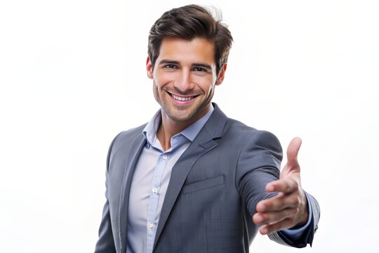 Confident young adult male with a friendly smile extends his hand for a warm greeting, showcasing professionalism and approachability against a clean white backdrop.