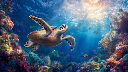 Obraz premium Sea Turtle Swimming Through Coral Reef with Sunbeams - A sea turtle swims gracefully through a vibrant coral reef, bathed in sunlight, symbolizing marine life, conservation, tropical paradise, and the