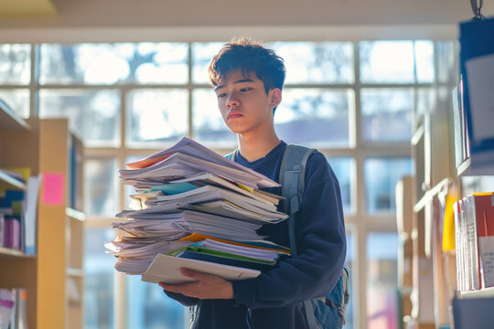 Tired male student is carrying a large pile of books and papers in a school library