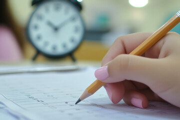 Student is filling out an important exam paper while an alarm clock reminds of the limited time