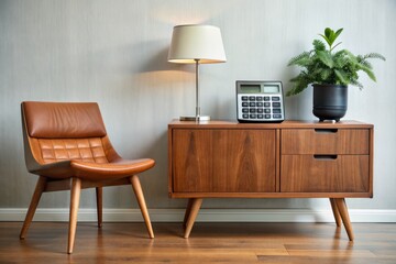 mid century modern furniture with retro vintage calculator