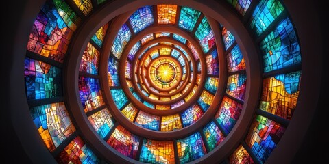 Colorful Stained Glass Ceiling Pattern in a Circular Design