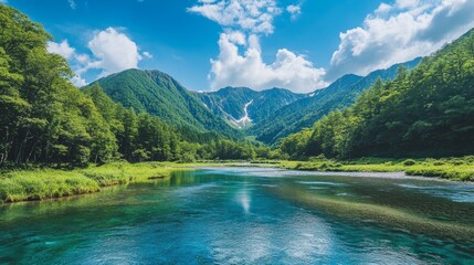 Serene Mountain River with Lush Greenery and Blue Sky - A tranquil scene of a river winding through a lush valley surrounded by majestic mountains, reflecting a blue sky with puffy clouds. This image 