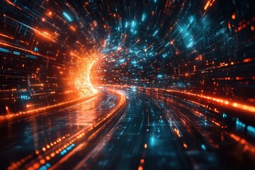 Futuristic Neon Tunnel with Dynamic Light Trails and Digital Effects in a Sci-Fi Environment