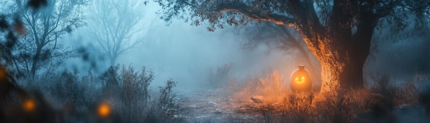 Fototapeta premium A serene landscape featuring a glowing lantern nestled among trees, shrouded in mist and illuminated by warm light.