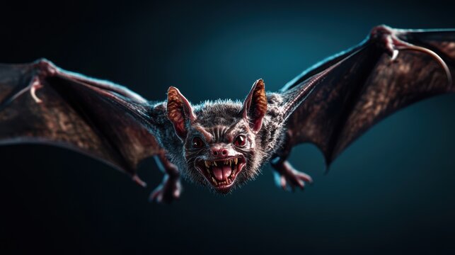 3D graphic of a vampire bat, airy and tidy, dark blue background, distinct colors, divided layers