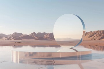 Empty circle product display stand on Martian terrain, clear sky, and reflective surface