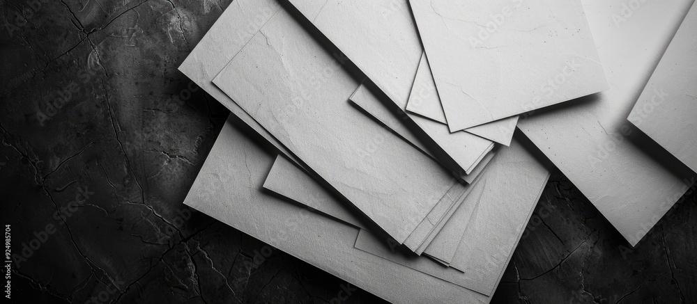 Poster top view of blank paper sheets on a dark textured background for design mockup with copy space image
