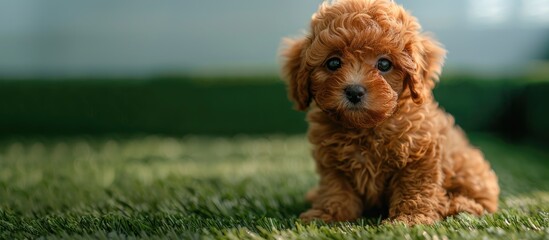 Fluffy red Toy Poodle puppy sitting on green grass adorable as it gazes into the camera perfect for a copy space image domestic pet