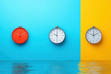 Vibrant Modern Clocks on Colorful Background with Water Reflection - Conceptual Time Management Image