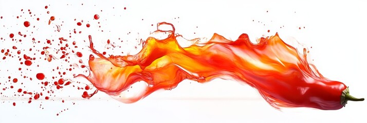 Spicy Red Pepper Splash -  Fresh Ingredient - A red chili pepper explodes in a burst of vibrant red and orange juice, symbolizing  energy, passion, heat, flavor, and freshness.