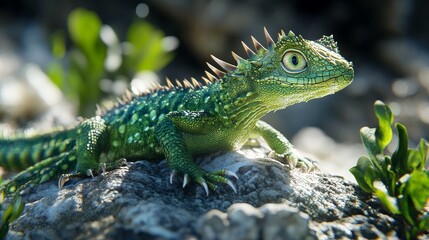 Fototapeta premium Spiky Green Lizard on a Rock in Sunlight - A vibrant green lizard with spiky scales and bright eyes sits on a rock bathed in sunlight. The lizard's sharp claws grip the rock, symbolizing resilience an