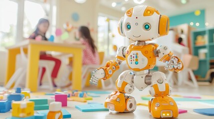 Obraz premium Friendly Robot in a Colorful Classroom: A friendly, yellow and white robot interacts with children in a bright and colorful classroom setting, promoting themes of education, technology, and play. The 
