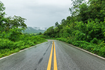 Wet asphalt road with beautiful view of misty landscape