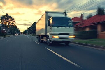 Obraz premium Transport truck speeding along a quiet suburban road, with motion blur creating a sense of urgency and efficiency in last-mile delivery services