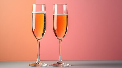 Elegant Champagne Flutes with Sparkling Wine Against a Gradient Pink and Orange Background