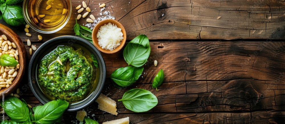 Canvas Prints Italian basil pesto sauce set on a rustic wooden backdrop with its key ingredients displayed fresh basil pine nuts Parmesan and olive oil Ideal for text overlay. Copy space image