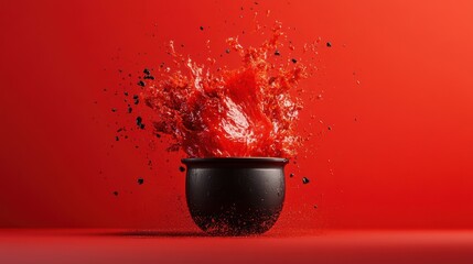 3D graphic of a cauldron overflowing, airy and tidy, red background, vibrant colors, divided layers 