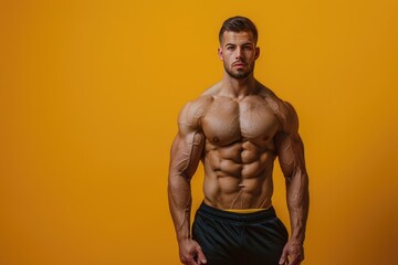 Fototapeta premium Fit man with a muscular build confidently presenting, solid color background emphasizing both his mental sharpness and physical strength in a powerful pose