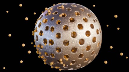 3D rendering of mesoporous silica nanoparticles actively releasing encapsulated nanomedicines.
