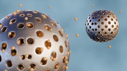 3D rendering of mesoporous silica nanoparticles actively releasing encapsulated nanomedicines.