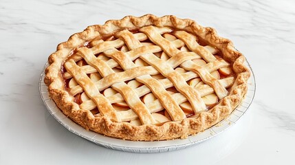 Delicious apple pie with a golden lattice crust, freshly baked and perfect for any dessert occasion.
