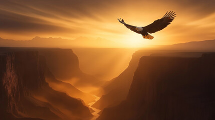 Naklejka premium Eagle Soaring Over Canyon at Sunset