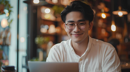 Young asia seller woman happy work on laptop busy cellphone