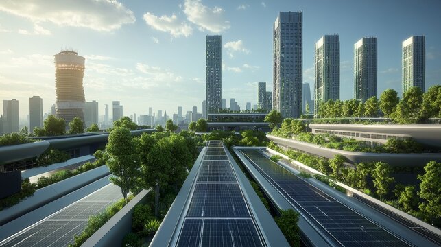 Sustainable Cityscape with Rooftop Solar Panels and Greenery - A futuristic cityscape with towering buildings, rooftop solar panels, and lush greenery. This image symbolizes sustainability, urban rene