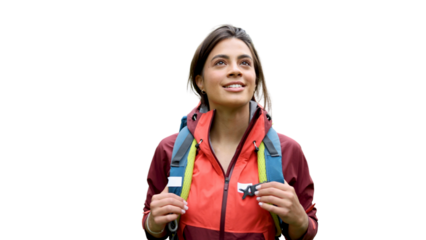 Happy girl smiling and enjoying while hiking	transparent background