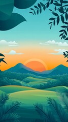 Green hills, forest, and sunset sky view.