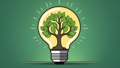 Illustration of a light bulb with a tree growing inside, symbolizing green energy and eco-friendly innovation on a green background.