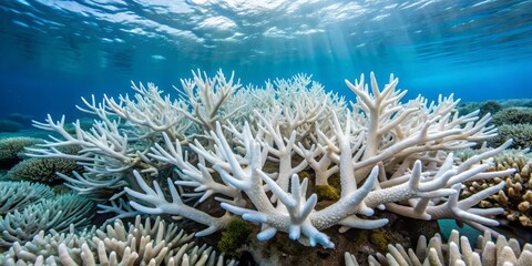 Obraz premium Bleached staghorn coral colony turns white due to thermal stress from rising sea water temperatures, a devastating consequence of climate change and global warming.