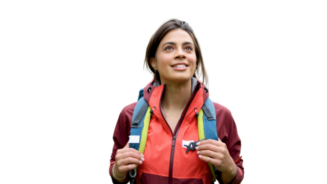Happy girl smiling and enjoying while hiking	transparent background