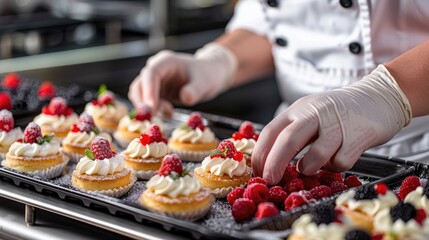 A chef in an industrial kitchen prepares desserts. He is wearing a white coat and gloves and is putting raspberries on top of the desserts. Close-up of his hands.