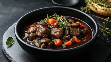 Hearty Boeuf Bourguignon served in a black bowl with rich red wine sauce, tender chunks of beef, carrots, and mushrooms, garnished with thyme and bay leaf on a black table 