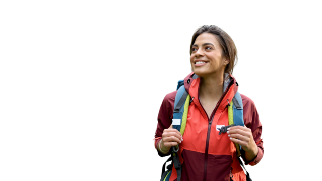 Happy girl smiling and enjoying while hiking, transparent background - Powered by Adobe