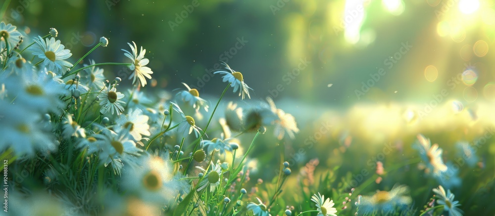 Wall mural a summer scene with chamomile flowers in a field with a blurred background providing copy space for 