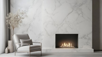 Modern living room with a fireplace, a chair, and dry branches in a vase.