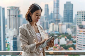 Fototapeta premium Businesswoman making online purchase on tablet, working remotely, city backdrop